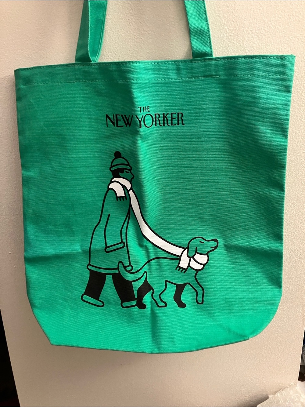 The New Yorker Green Tote Bag with Walking Dog Graphic